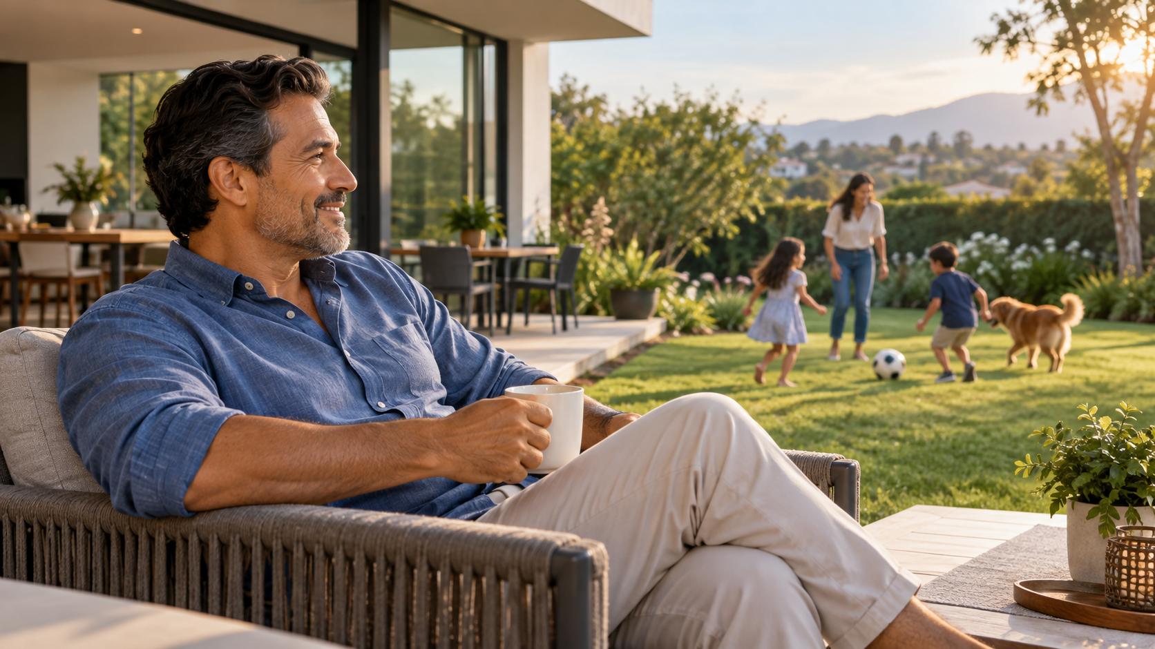 Middle-aged Latino man relaxing on a terrace while watching his family in the garden